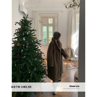 Xinlei Lin 深棕色泰迪大衣女2021年冬季新款加厚羊羔毛长款外套
