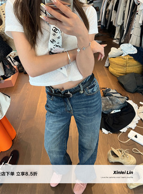 Xinlei Lin“海盐城光”R.l3中高腰水洗深蓝直筒微喇牛仔裤