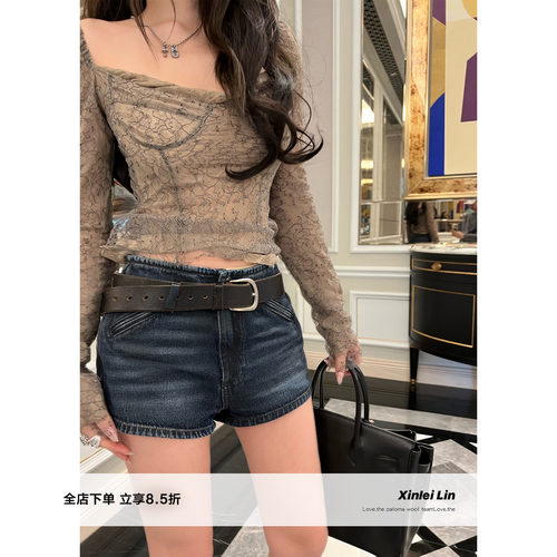 Xinlei Lin “千禧热浪”复古辣妹性感水洗蓝低腰牛仔短裤女新款