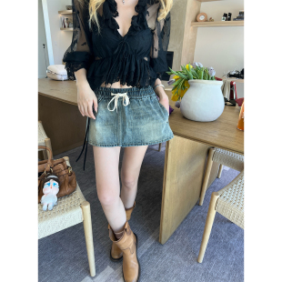 jeans retro Bal 复古做旧水洗牛仔花苞半裙 Xinlei ga美式 Lin