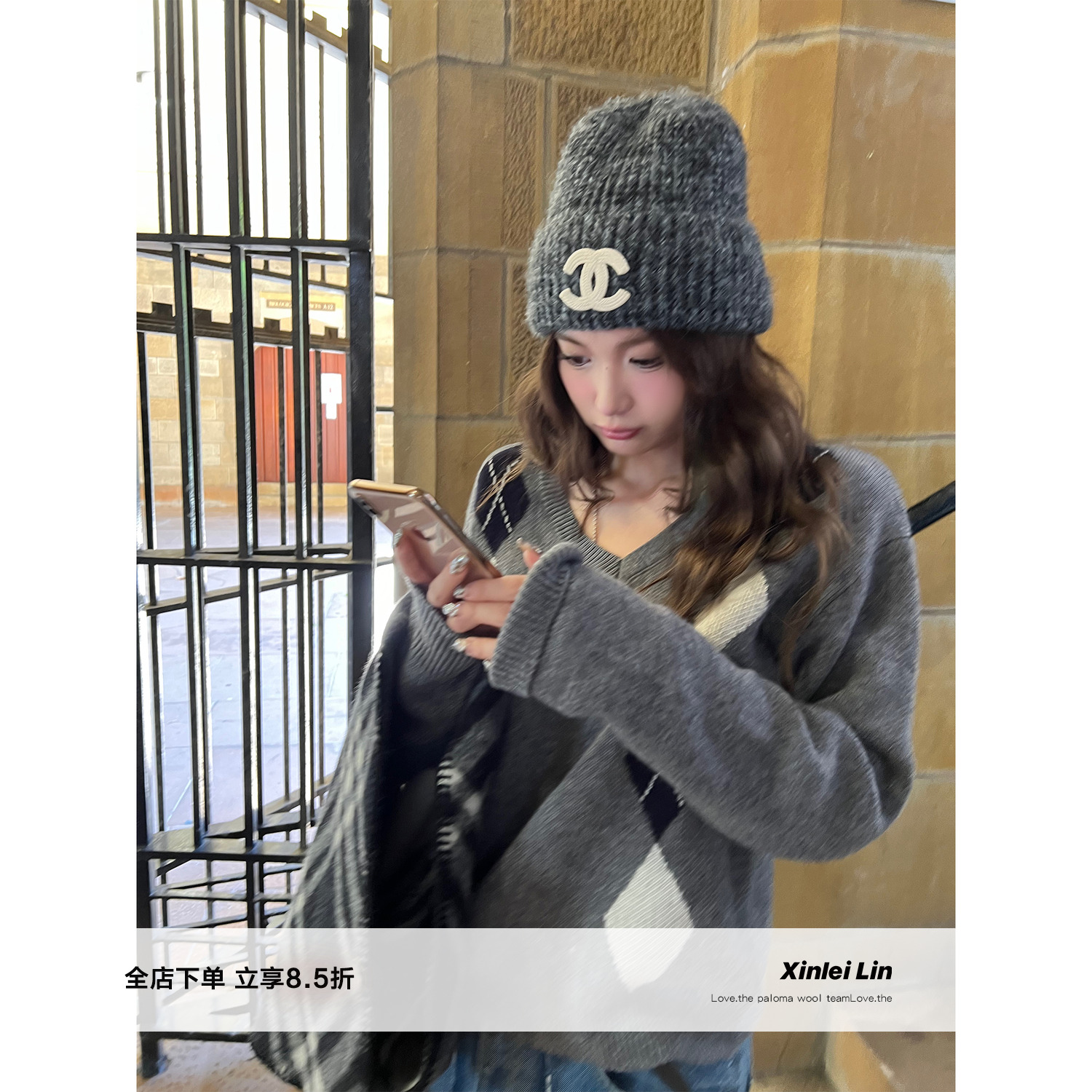 XinleiLin菱形格套头毛衣