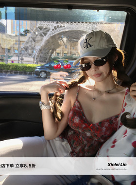 Xinlei Lin“甜樱冰荔”樱桃波点撞色织带蕾丝印花吊带/樱桃丝巾