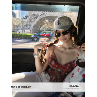 櫻桃波點撞色織帶蕾絲印花吊帶 Xinlei Lin 甜櫻冰荔 櫻桃絲巾
