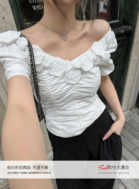 Xinlei Lin  夏新款雾屿玫瑰手工一字肩白色法式小衫短袖T恤上衣