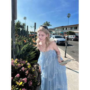 浪漫法式 且听风吟 度假雪纺蕾丝蛋糕吊带长短连衣裙 Lin Xinlei