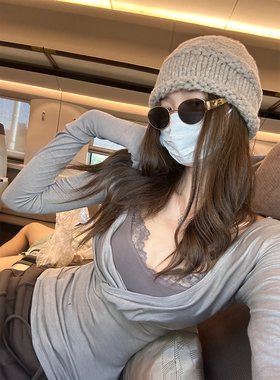 Xinlei Lin“心动story”天丝羊毛蕾丝带胸垫吊带长袖上衣两件套