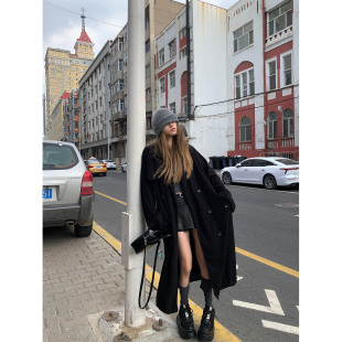 纸片人长款 私服blcg垂感风衣式 廓形黑色大衣外套 Lin Xinlei