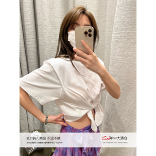 白色圆领条纹剪刀下摆打结露腰短袖 夏新款 T恤 Lin Xinlei