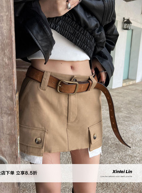 Xinlei Lin 春球新款miu感双色棕色工装半身裙短裙女裙子