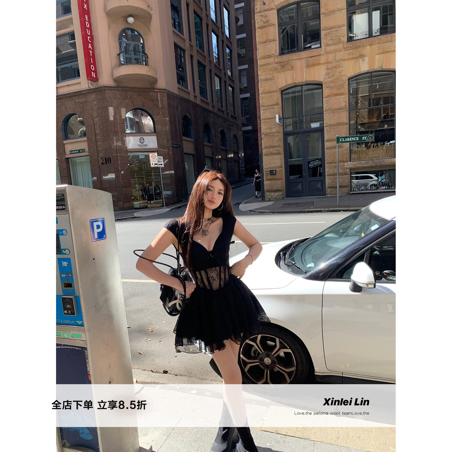 Xinlei Lin “恋爱泡泡”蕾丝网纱鱼骨甜美少女蓬蓬连衣裙女春夏