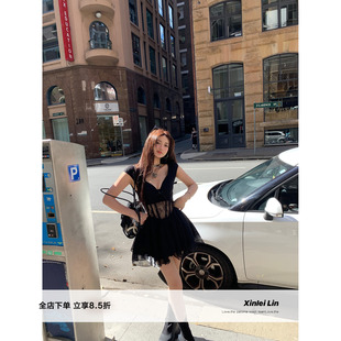 Xinlei 蕾丝网纱鱼骨甜美少女蓬蓬连衣裙女春夏 Lin 恋爱泡泡