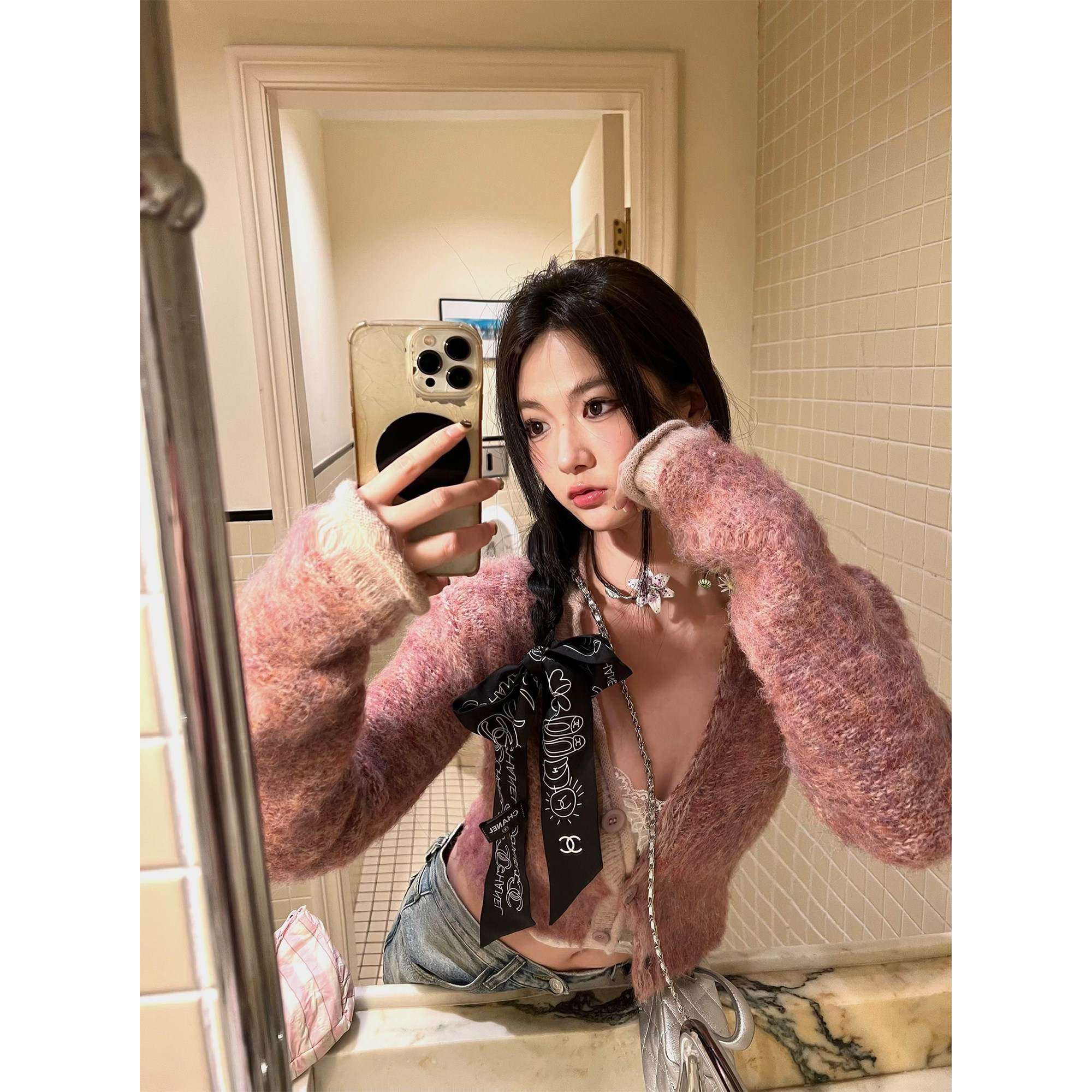 Xinlei Lin 自制绵羊毛花纱混纺撞色短款毛衫长袖显瘦春季上衣女