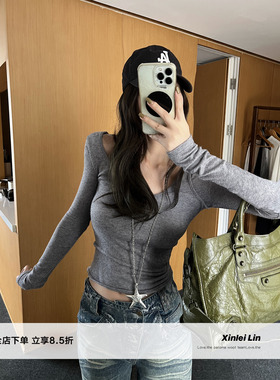 Xinlei Lin 层次设计感假两件交叠仿羊毛打底衫长袖T恤女秋季上衣