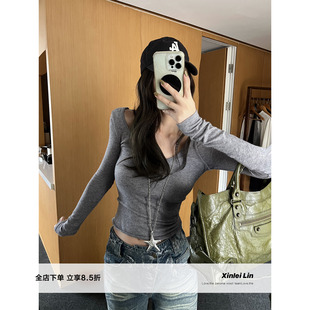 T恤女秋季 Xinlei 长袖 层次设计感假两件交叠仿羊毛打底衫 上衣 Lin