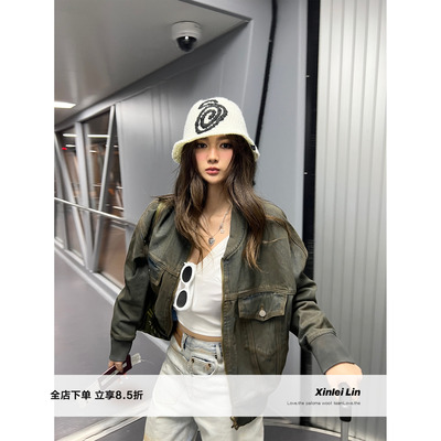 XinleiLin灰绿色水洗牛仔外套