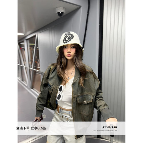 XinleiLin灰绿色水洗牛仔外套