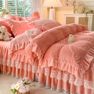 公主风珊瑚绒双面绒被套床裙冬季 韩版 雕花绒牛奶绒四件套床裙款