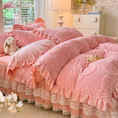 加厚牛奶雕花绒床裙四件套冬季双面绒被套花边法兰绒加绒保暖