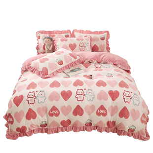 冬季加厚牛奶绒床上四件套双面法兰珊瑚绒被套加绒床单床笠公主三