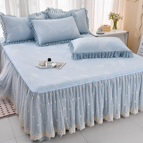 凉感提花冰丝席三件套夏季床裙款空调凉席可拆卸蕾丝花边冰丝软凉