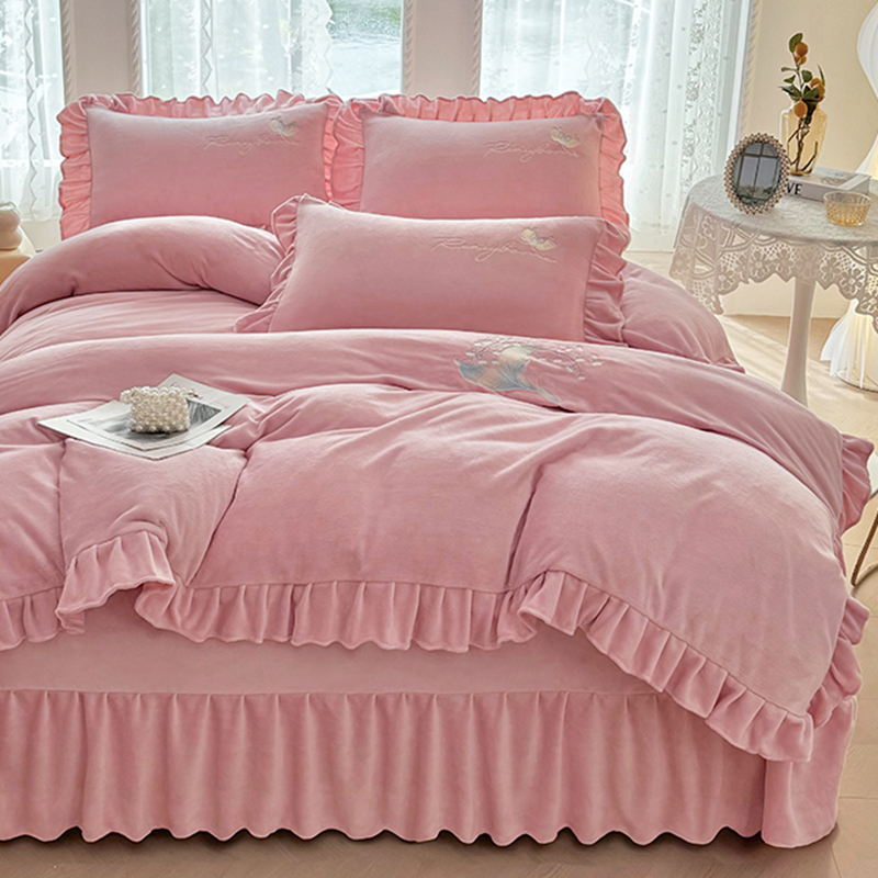 韩版牛奶绒四件套冬季加厚保暖珊瑚绒法莱绒双面加绒被套床单花边