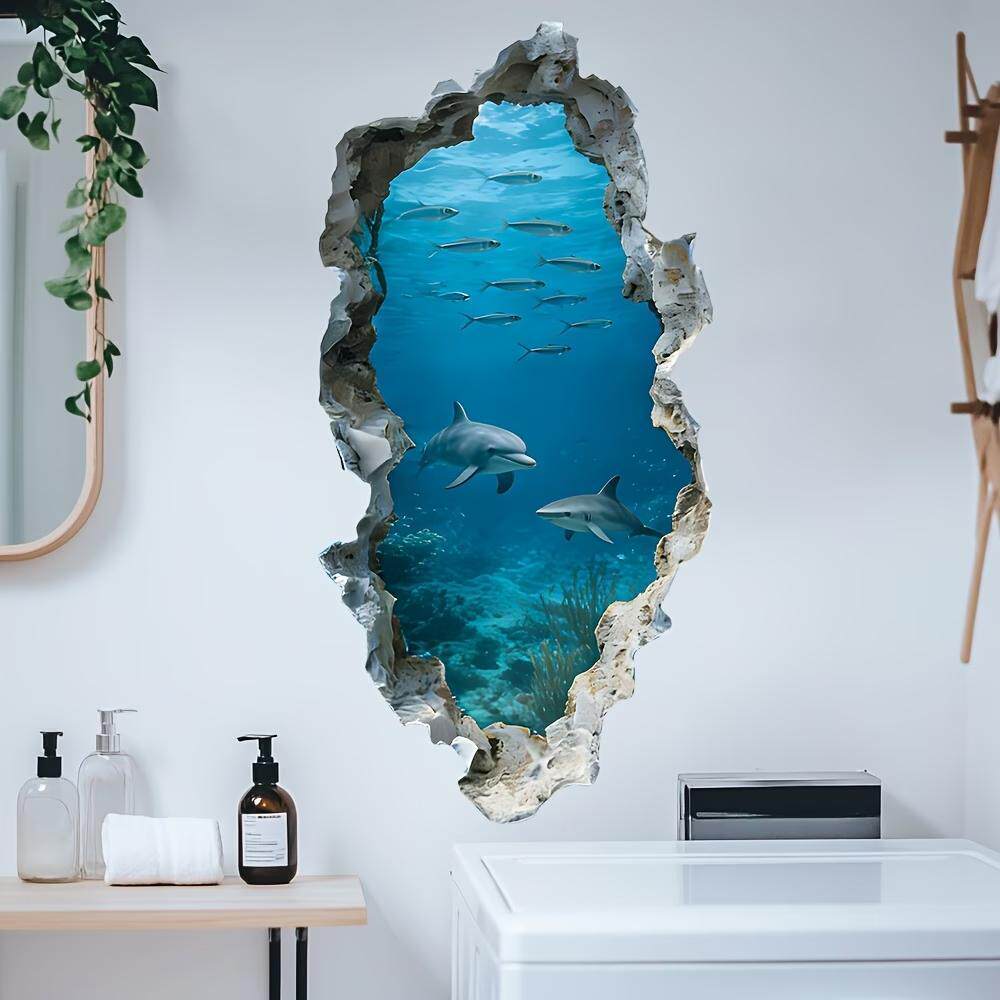 3D立体海豚海底世界破洞墙贴浴室卫生间装饰贴纸个性创意壁饰