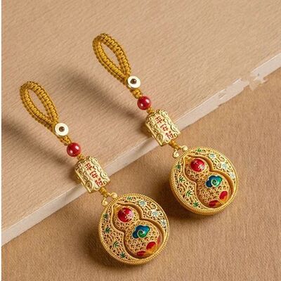 Large Copper Gourd Key Chain With Chinese Feng Shui Coins Fo