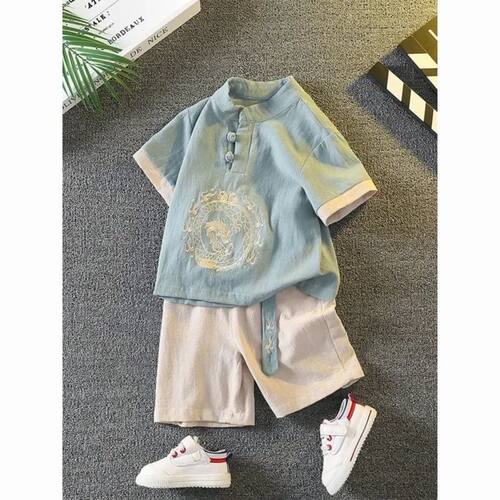 Summer Cute Cotton Linen Dragon Embroidery Short Sleeve Tang