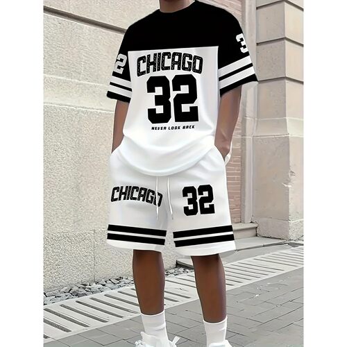 Summer Men's Chicago-Themed Relaxed Set Size 32 Printed T-Sh