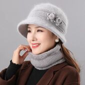 Fur Hat Set Warm Scarf Rabbit Women for Knitted Mothers Elde