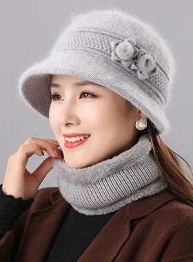 Warm Knitted Rabbit Fur Hat Scarf Set for Women Mothers Elde