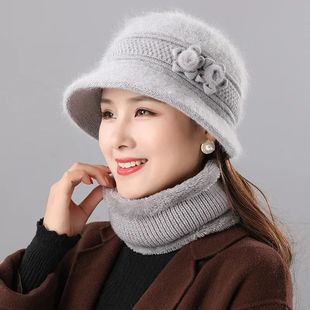 Warm Knitted Rabbit Fur Hat Scarf Set for Women Mothers Elde