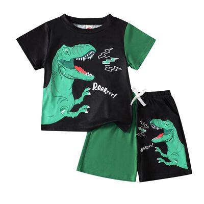 Little Boy Summer Outfit Loose Fit Crown Dinosaur Print Crew