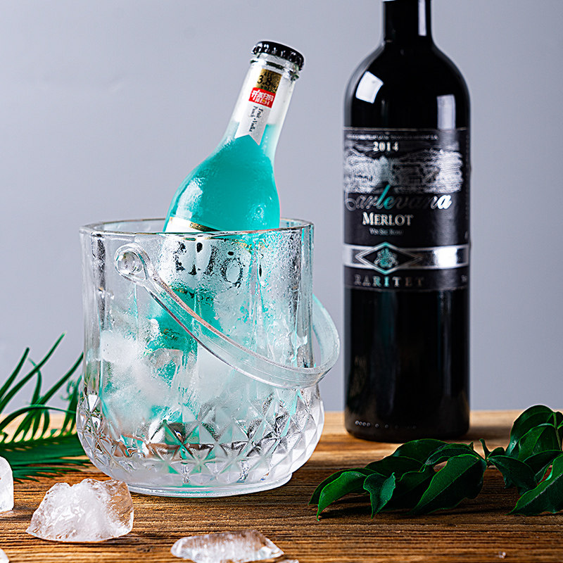 玻璃红酒冰桶 冰镇啤酒香槟桶 冰粒桶 吐酒桶四方带提手玻璃冰桶