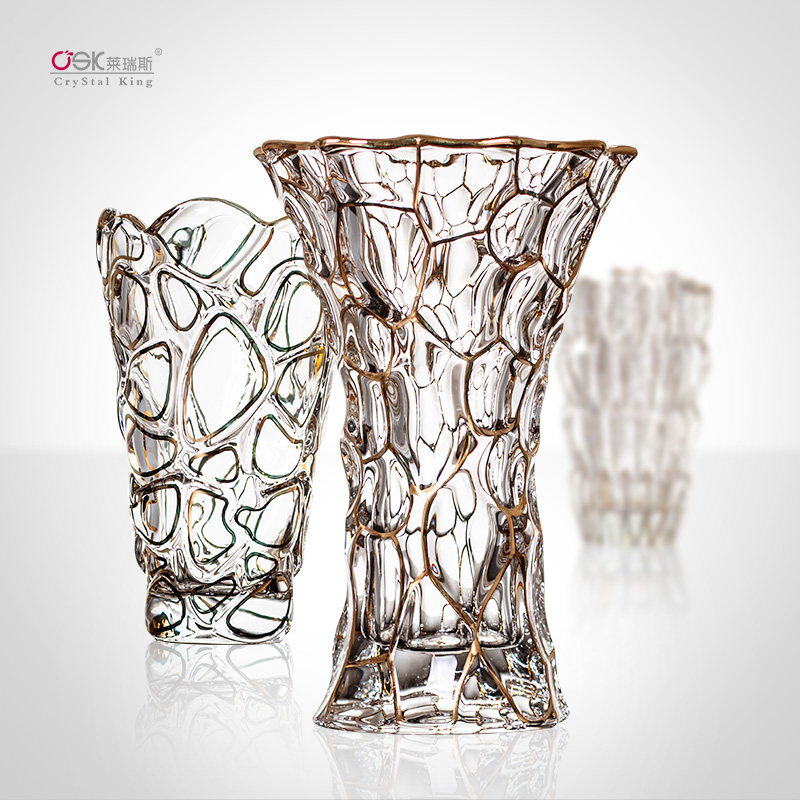 欧式水晶玻璃插花花瓶客厅家用摆件轻奢手工描金居家装饰花瓶花器