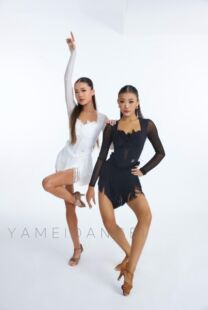 Yamei雅美舞服拉丁新款练功服演出表演服黑白流苏刺绣重工连衣裙