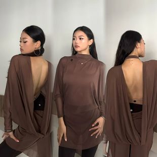 新款舞服拉丁新款练功服演出表演服黑咖网纱荡背罩衣罩衫