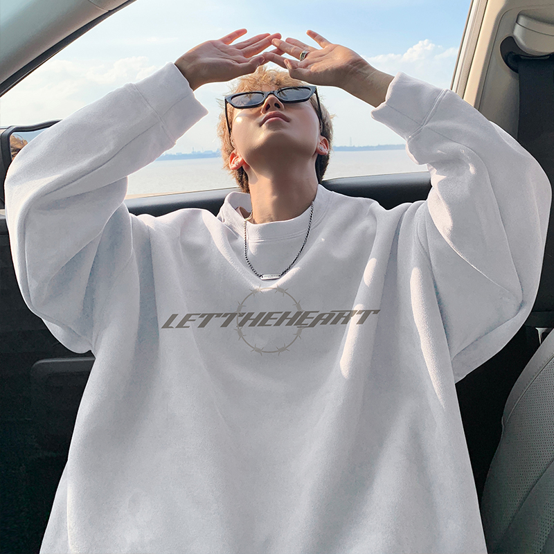 麂皮绒长袖卫衣男士秋季痞帅美式重磅青少年大码宽松圆领潮牌上衣