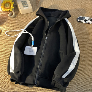 美式复古重磅条纹卫衣男女款秋季美式潮牌高级感开衫灰色运动外套