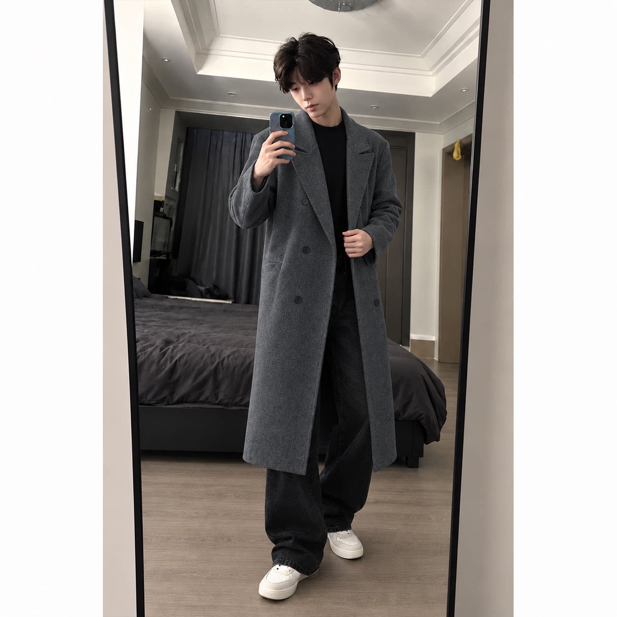 秋冬男士过膝双排扣毛呢大衣