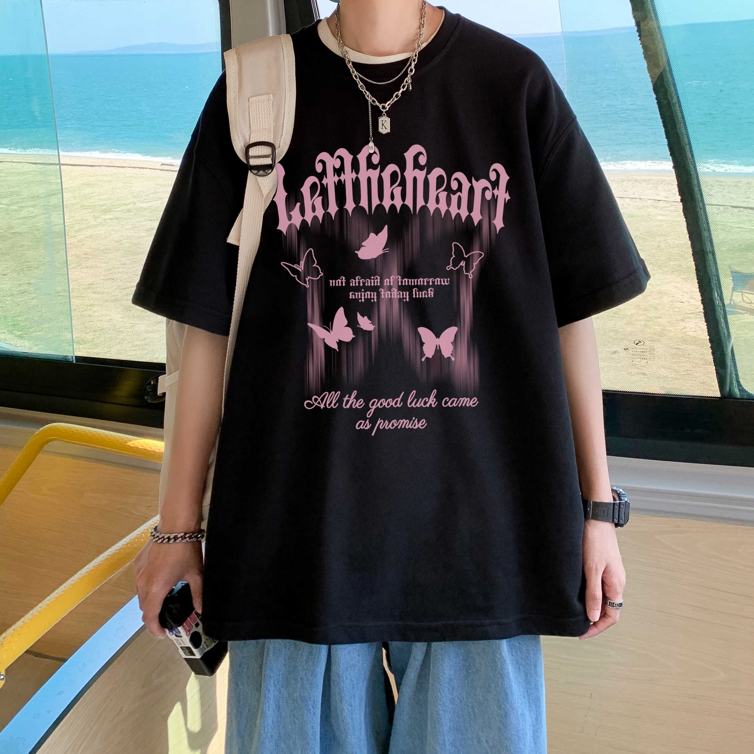 美式街头风蝴蝶纯棉短袖t恤男生2024夏季宽松欧美潮牌情侣上衣ins