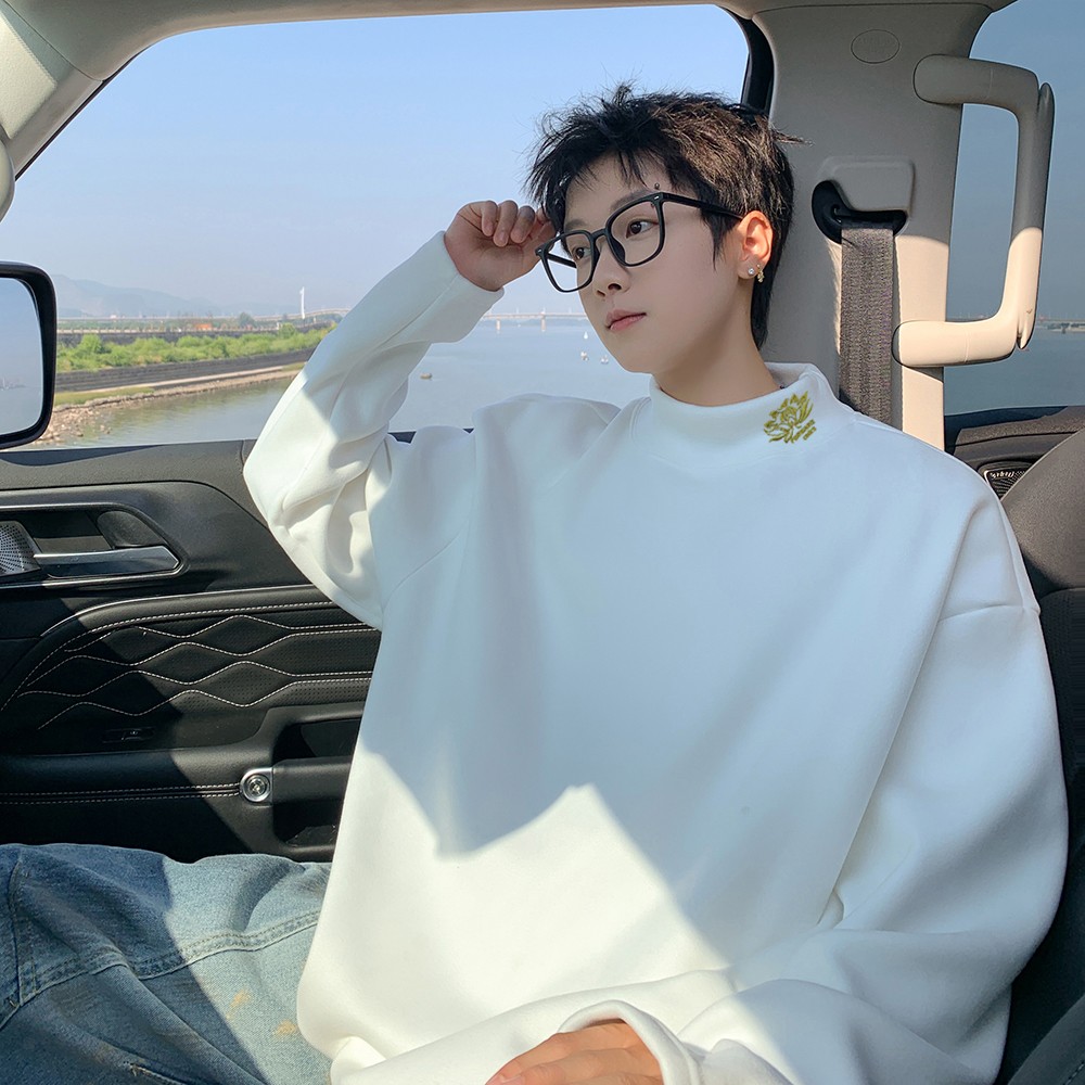 刺绣德绒长袖T恤男2025新款秋冬季宽松内搭打底衫慵懒风白色上衣
