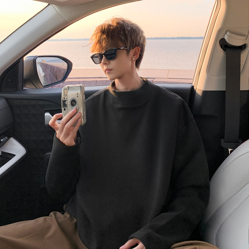 长袖t恤男2025新款秋冬季半高领德绒打底衫宽松黑色潮牌高端上衣