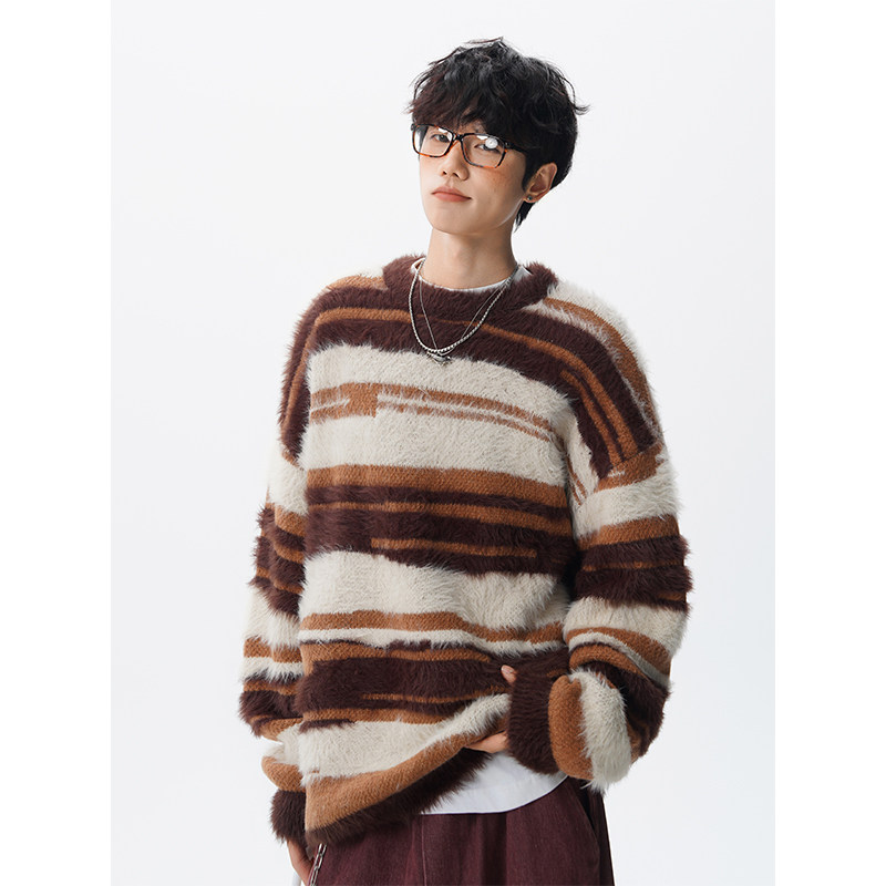 美式复古防马海毛衣男秋季慵懒风针织衫潮牌宽松情侣圆领外套