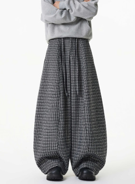 深灰色立体格子飘带弯刀裤男款秋冬毛呢阔腿裤子慵懒松弛感休闲裤
