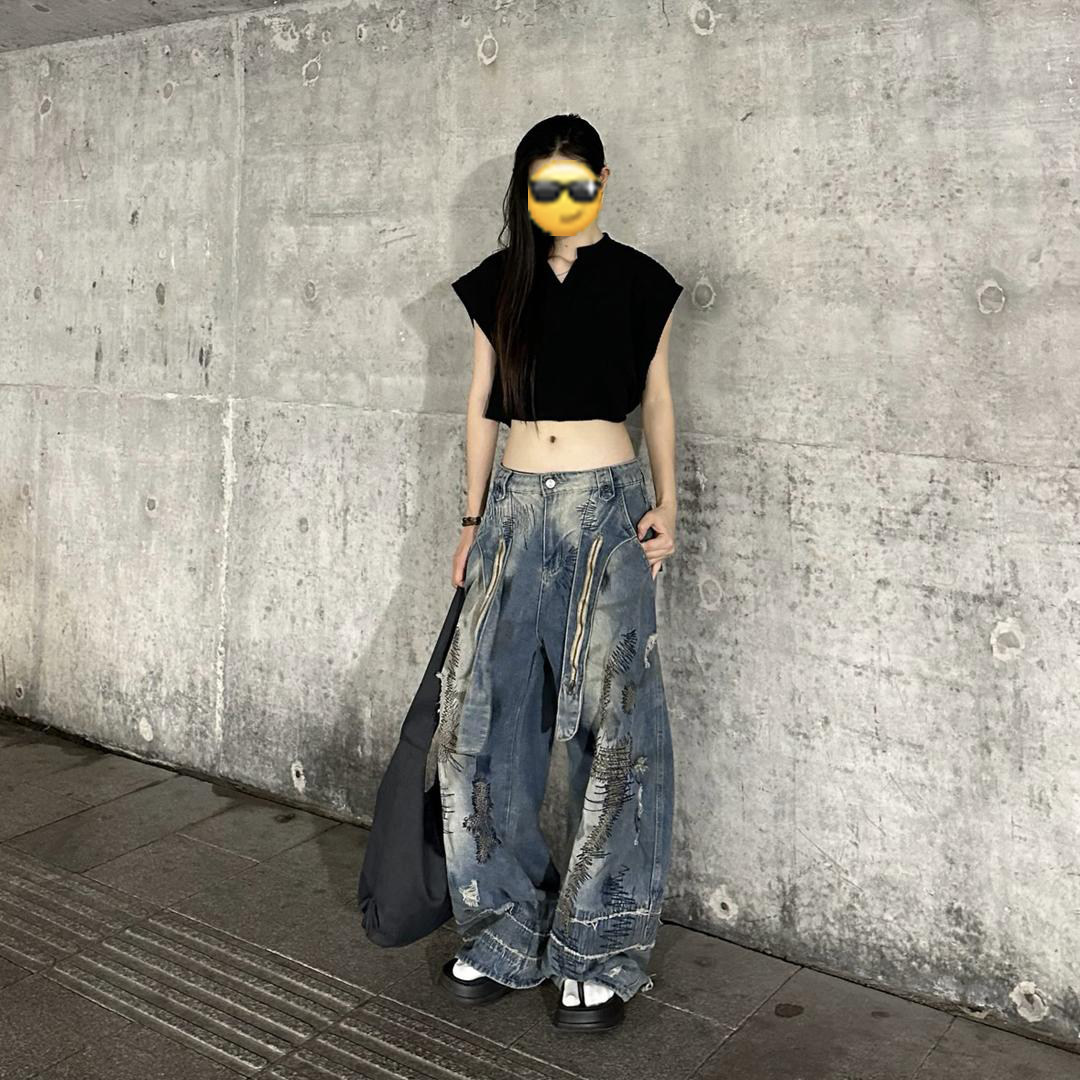 美式重工弯刀牛仔裤男女冬季潮牌乱针刺绣污渍裤子废土风阔腿长裤