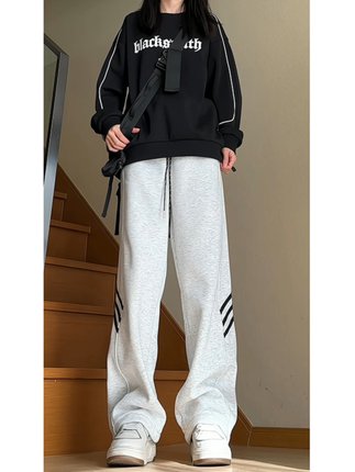 重磅白灰色加绒卫裤男秋冬款美式hiphop裤子穿搭小个子运动裤7