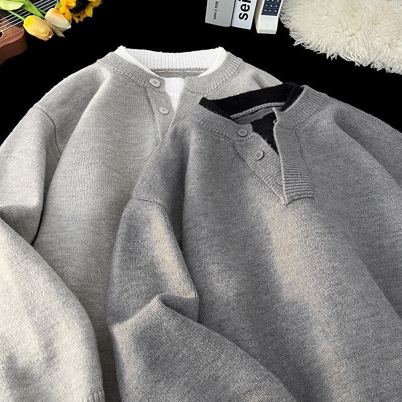 假两件重磅纽扣V领毛衣男秋冬潮牌宽松慵懒风纯色套头针织衫上衣