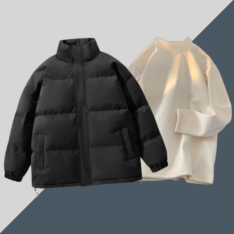 冬季潮流棉服德绒打底衫两件套男青少年加绒加厚情侣百搭上衣