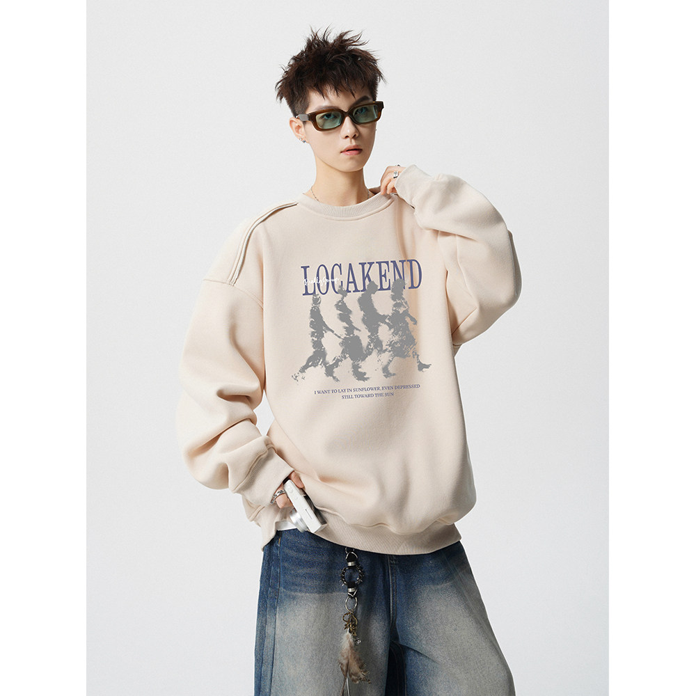 美式人像印花侧边拉链男款秋季宽松慵懒风长袖T恤重磅打底上衣